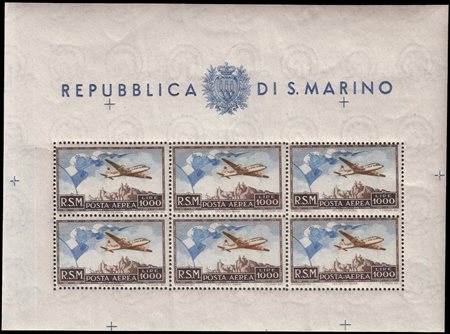 SAN MARINO 1951Foglietto posta aerea. 1000 lire "Bandiera, aereo e...
