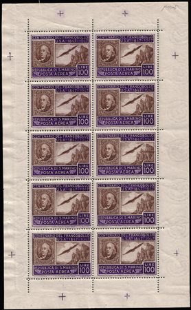 SAN MARINO 1947Minifoglio. 100 lire "Centenario del primo francobollo di...