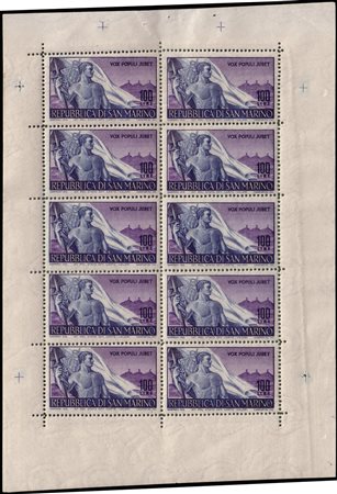 SAN MARINO 1948Minifoglio. 100 lire "Lavoro", non piegatoCert. R....