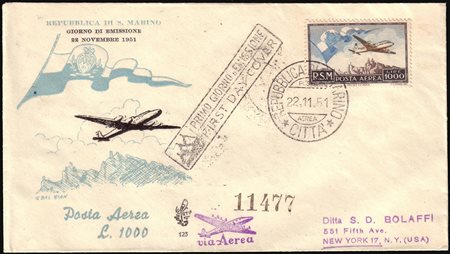 SAN MARINO 1951 (22 nov.)Posta aerea. Busta primo giorno edizioni "Venetia",...