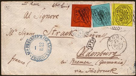 STATO PONTIFICIO 1867 (19 dic.)Busta spedita da Roma per Oldenburg (Germania)...