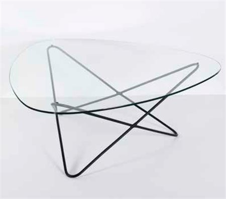 FLORENT LASBLEIZ AIRBONE Tavolino da caffè in metallo e vetro, anni ’50....