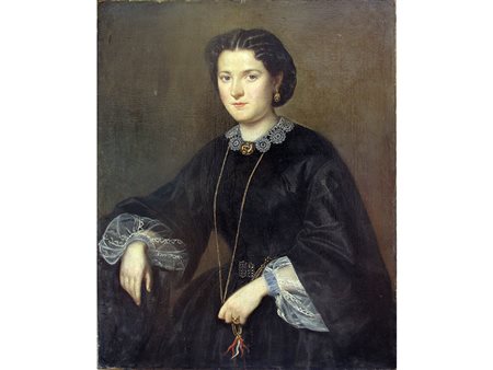 Anonimo del XIX secolo Ritratto di giovane donna con portafortuna 90x70.5 cm...
