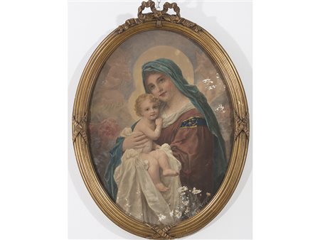 Anonimo (XIX secolo) Madonna con bambino 63x48.5 cm Acquarello su carta