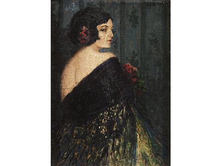 Siglato (XX secolo) Donna con scialle 33x25 cm Olio su tela applicata a...