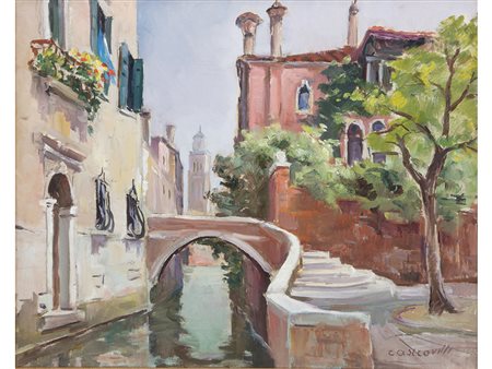 Giuseppe Castrovilli (1909-2003) Piazzetta Barbaro-Venezia 40x50 cm Olio su tela