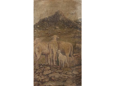Anonimo (XX secolo) Pecore a Re Castello 88x48 cm Olio su tela applicata a...