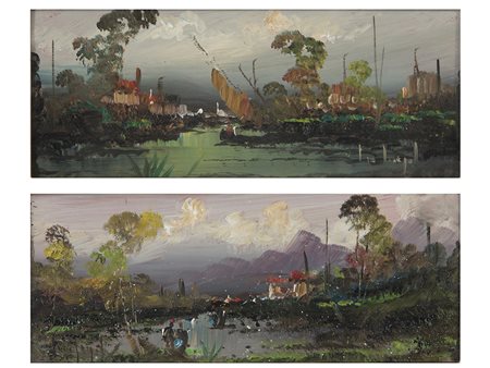 Lucio Cargnel (1903–1998) Coppia di Paesaggi 8x20 cm Olio su cartoncino