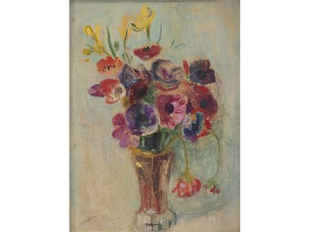 Gino Moro (1901-1977) Vaso con fiori 40x30 cm Olio su compensato