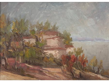Autore non identificato (XX secolo) Paesaggio lacustre 50x70 cm Olio su tela