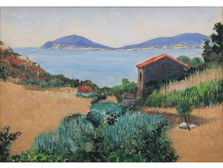 Primo Potenza (1909-1983) Paesaggio estivo 24x33.5 cm Olio su faesite