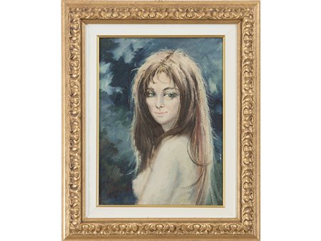 Ernani Pluderi (1913-?) Romantica in controluce 40x30 cm Olio su tela