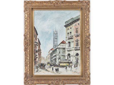 Giuseppe Salvaterra (XX secolo) Vecchia Milano 70x50 cm Olio su tela
