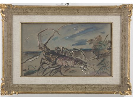 Anonimo (XX secolo) Spiaggia con aragosta 25x42 cm Tempera su carta applicata...