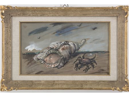 Anonimo (XX secolo) Spiaggia con conchiglia e granchio 25x42 cm Tempera su...