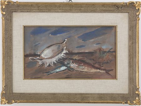 Anonimo (XX secolo) Spiaggia con conchiglia e pesci 25x42 cm Tempera su carta...