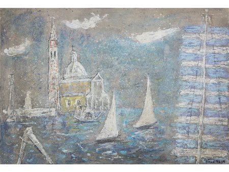 Giorgio Valenzin (1901-1978) Vele con veduta di S.Giorgio 35x50 cm Tecnica...