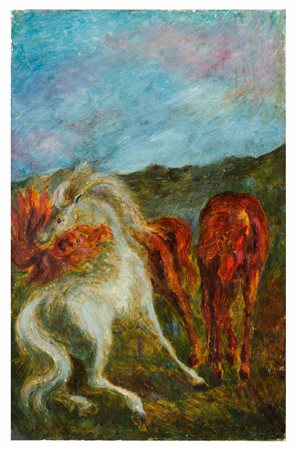 Aligi Sassu (1912-2000) Cavalli che lottano, 1944 olio su cartoncino, cm...