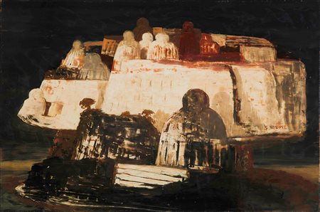 Salvatore Fiume (1915-1997) Isola di statue, 1961 olio su masonite, cm 40x60...