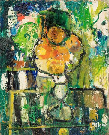 Gino Meloni (1905-1989) Vassoio di frutta, 1954 olio su tela, cm 56x46...