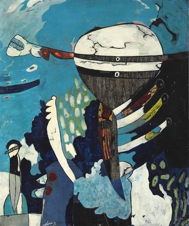 Gianni Dova (1925-1991) ...Uccello, 1961 olio su tela applicata su tavola, cm...