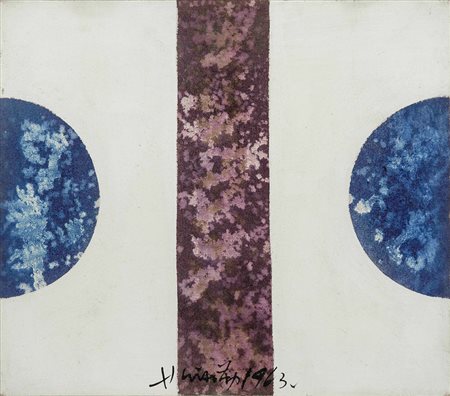 Hsiao Chin (1935) L'equilibrio nella purezza, 1963 olio su tela, cm 35x40...