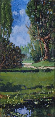 TEODORO COTUGNO (1948)Paesaggio con stagno, 1975Olio su tavolacm 40x20Firma...