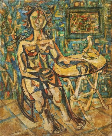 Carlos Sobrino (Pontevedra 1885 – Vigo 1978) Donna seduta, 1965;Olio su tela,...