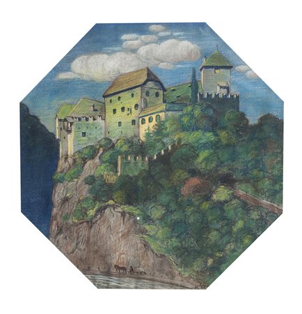 Karl Pferschy Schloss Runkelstein;Farbkreiden, 40,5 x 40,5 cm Monogrammiert