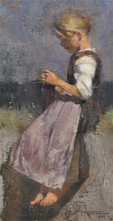 Carl Hartmann (Heilbronn 1861 – München 1927) Strickendes Mädchen, 1900;Öl...