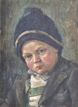 Frieda Riss (* Meran 1908) Bauernbub mit Mütze;Öl auf Holz, 43,5 x 32 cm,...