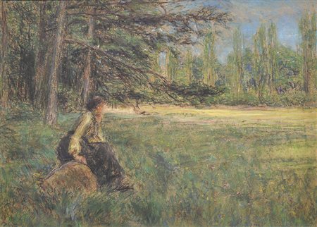 Luigi Chialiva (Lugano 1841 – Paris 1914) Frau im Wald;Pastell auf Papier, 43...