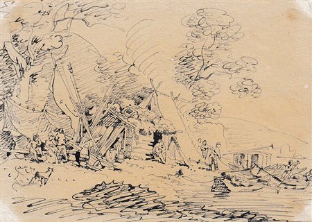 Adrian Ludwig Richter Lager am Fluss;Tusche auf festem Papier, 10 x 14,3 cm...