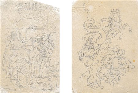 Adrian Ludwig Richter Ritter mit Pferd, Ritter im Kampf mit dem Drachen;2...