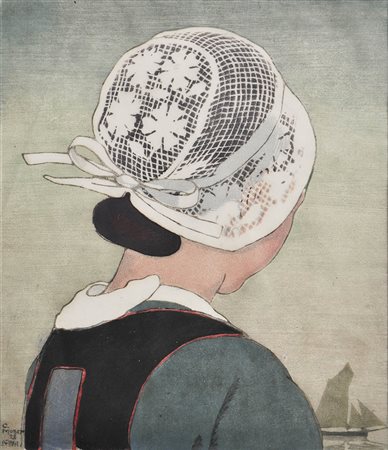 Carl Moser (Bozen 1873 – 1939) Bretonisches Mädchen, 1928;Farbholzschnitt, 29...