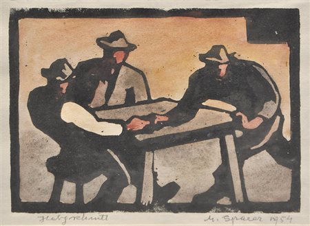 Max Sparer Bauern beim Ranggeln, 1954;Aquarellierter Holzschnitt, 12,5 x 18...