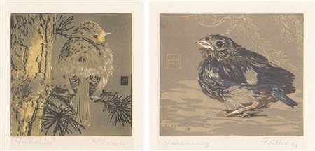 Franz Helmer Spatz im Geäst / Spatz am Boden;2 Farbholzschnitte, 11 x 11 cm,...