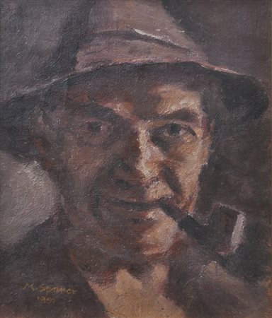 Max Sparer Selbstbildnis mit Pfeife, 1950;Öl auf Leinwand, 22,5 x 19,5 cm,...
