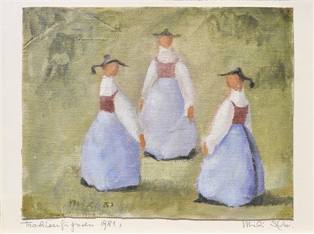 Mili Schmalzl (St. Ulrich in Gröden 1912 - 2006) Frauen in Tracht, 1981;Öl...