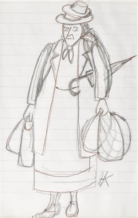 Hans Kompatscher Bäuerin;Bleistift, Kugelschreiber, 14,2 x 9,2 cm, gerahmt...