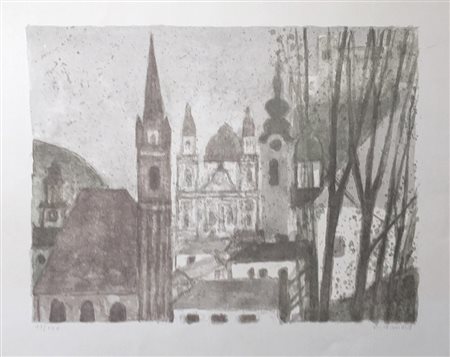 Rudolf Hradil (Salzburg 1925 – 2007) Stadtansicht;Farblithografie, 49 x 66 cm...