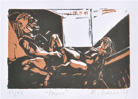 Reiner Schiestl (* Kufstein 1939) Pause;Farblinolschnitt, 11 x 17 cm...