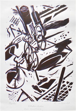 Reiner Schiestl Zwei Fahrräder;Farblinolschnitt, 30 x 21 cm (Bildfeld)...