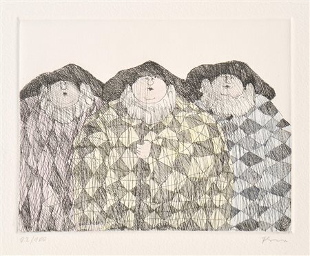 Paul Flora Drei Bajazzi;Handkolorierte Radierung, 11,5 x 14,5 cm (Platte),...