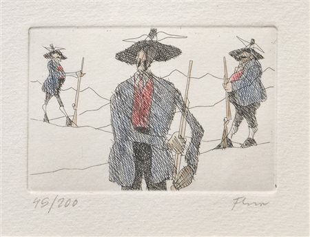 Paul Flora Drei Schützen;Farbradierung, 5,7 x 8,5 cm (Platte), gerahmt...