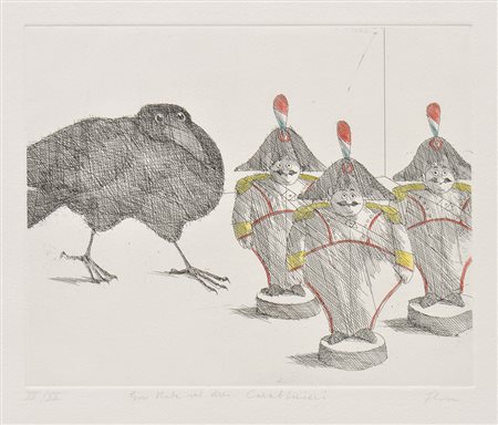 Paul Flora Ein Rabe und drei Carabinieri;Kolorierte Radierung, 19,7 x 24,5 cm...