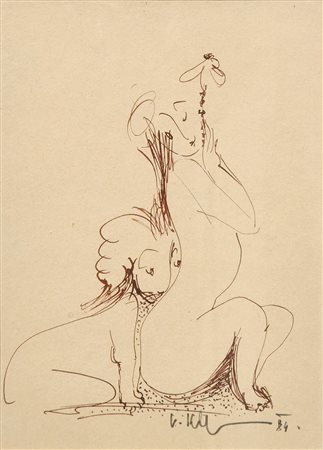 Vladislav Kavan Löwe mit Frau, 1984;Tusche, 22,5 x 15,5 cm, gerahmt Signiert...