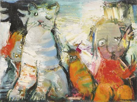 Vladislav Kavan Gruppe mit Katze, Vogel und Löwe;Öl auf Holz, 29,5 x 39,5 cm,...