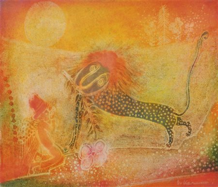 Vladislav Kavan Löwe mit Blume und Person, 1974;Öl auf Holz, 22,5 x 26 cm,...