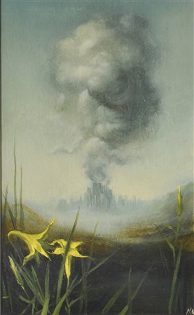 Massimo Rao Landschaft mit Metropole;Öl auf Holz, 18,8 x 11,8 cm, gerahmt...